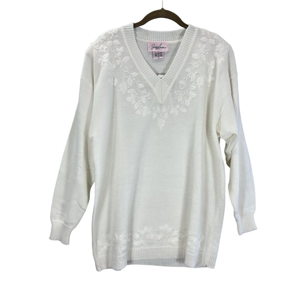 VTG Jaclyn Smith Womens L Sweater White Floral Embroidered Granny Cottage Core
